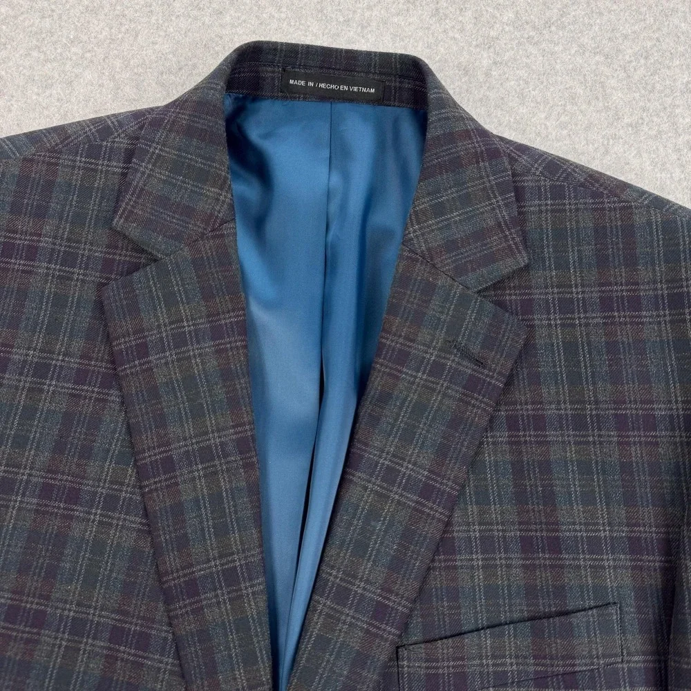 Perry Ellis Portfolio Blazer Mens 44R Gray Plaid Cotton Elbow Patch Sport Coat‎